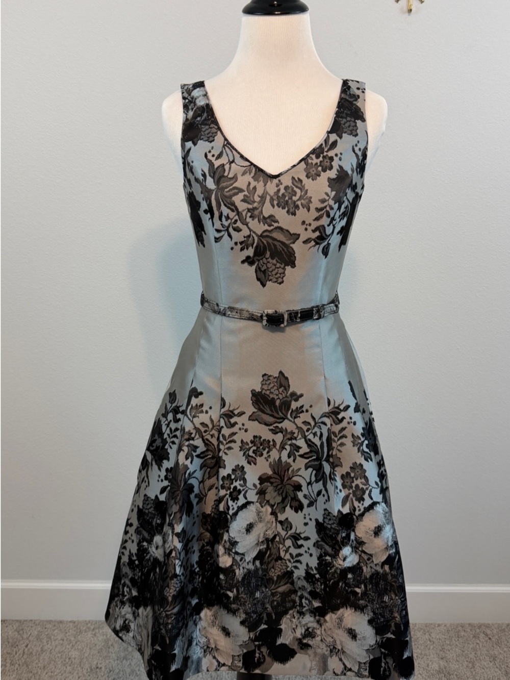 White House Black Market Silver and Black Floral V-Neck Midi Dress